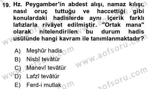 Hadis Tarihi ve Usulü Dersi 2021 - 2022 Yılı Yaz Okulu Sınav Soruları 19. Soru