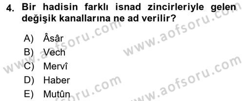 Hadis Tarihi ve Usulü Dersi 2021 - 2022 Yılı Yaz Okulu Sınav Soruları 4. Soru