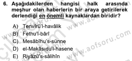 Hadis Tarihi ve Usulü Dersi 2021 - 2022 Yılı Yaz Okulu Sınavı 6. Soru