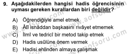 Hadis Tarihi ve Usulü Dersi 2021 - 2022 Yılı Yaz Okulu Sınavı 9. Soru