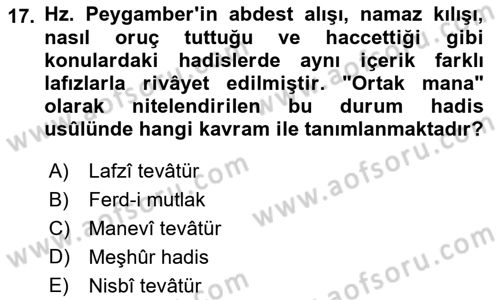 Hadis Tarihi ve Usulü Dersi 2022 - 2023 Yılı Yaz Okulu Sınav Soruları 17. Soru