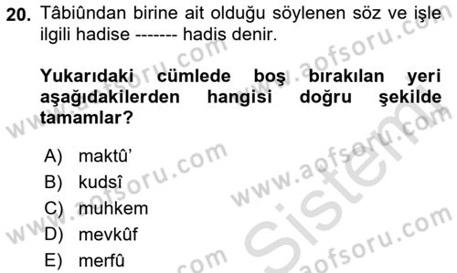 Hadis Tarihi ve Usulü Dersi 2022 - 2023 Yılı Yaz Okulu Sınav Soruları 20. Soru