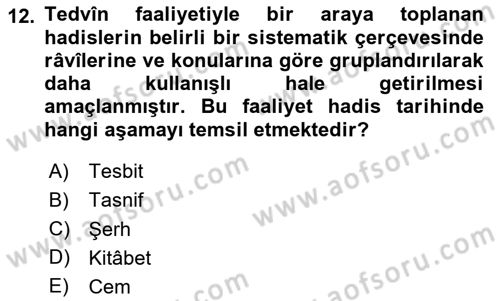 Hadis Tarihi ve Usulü Dersi 2023 - 2024 Yılı (Vize) Ara Sınav Soruları 12. Soru