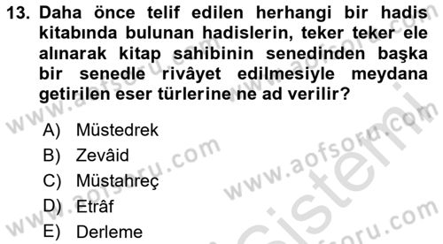 Hadis Tarihi ve Usulü Dersi 2023 - 2024 Yılı (Vize) Ara Sınav Soruları 13. Soru