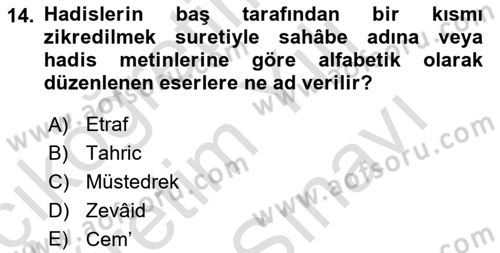 Hadis Tarihi ve Usulü Dersi 2023 - 2024 Yılı (Vize) Ara Sınav Soruları 14. Soru