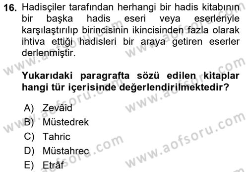 Hadis Tarihi ve Usulü Dersi 2023 - 2024 Yılı (Vize) Ara Sınav Soruları 16. Soru