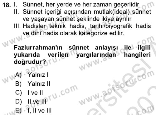 Hadis Tarihi ve Usulü Dersi 2023 - 2024 Yılı (Vize) Ara Sınav Soruları 18. Soru