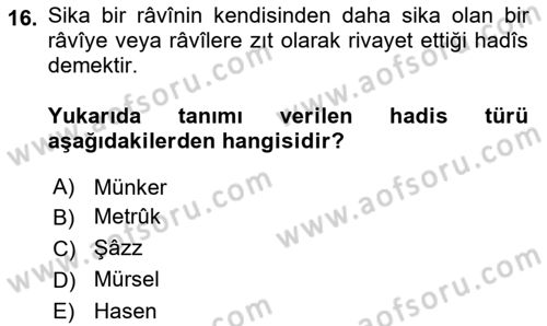 Hadis Tarihi ve Usulü Dersi 2023 - 2024 Yılı (Final) Dönem Sonu Sınav Soruları 16. Soru