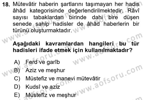 Hadis Tarihi ve Usulü Dersi 2023 - 2024 Yılı (Final) Dönem Sonu Sınav Soruları 18. Soru