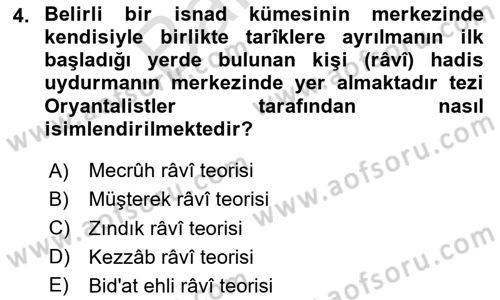 Hadis Tarihi ve Usulü Dersi 2023 - 2024 Yılı (Final) Dönem Sonu Sınav Soruları 4. Soru