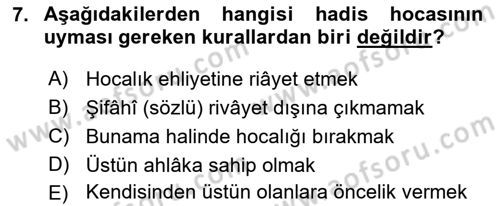 Hadis Tarihi ve Usulü Dersi 2023 - 2024 Yılı (Final) Dönem Sonu Sınav Soruları 7. Soru