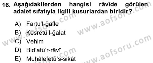 Hadis Tarihi ve Usulü Dersi 2023 - 2024 Yılı Yaz Okulu Sınavı 16. Soru