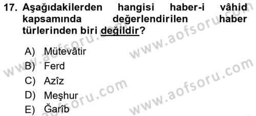 Hadis Tarihi ve Usulü Dersi 2023 - 2024 Yılı Yaz Okulu Sınavı 17. Soru