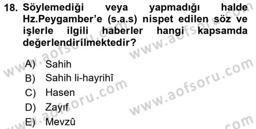 Hadis Tarihi ve Usulü Dersi 2023 - 2024 Yılı Yaz Okulu Sınavı 18. Soru