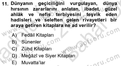 Hadis Tarihi ve Usulü Dersi 2024 - 2025 Yılı (Vize) Ara Sınav Soruları 11. Soru