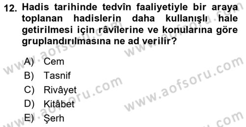 Hadis Tarihi ve Usulü Dersi 2024 - 2025 Yılı (Vize) Ara Sınav Soruları 12. Soru