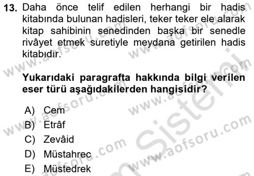 Hadis Tarihi ve Usulü Dersi 2024 - 2025 Yılı (Vize) Ara Sınav Soruları 13. Soru