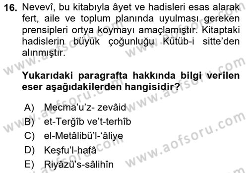 Hadis Tarihi ve Usulü Dersi 2024 - 2025 Yılı (Vize) Ara Sınav Soruları 16. Soru