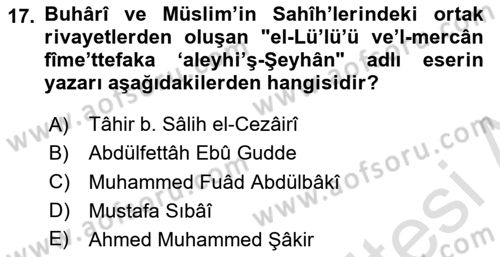 Hadis Tarihi ve Usulü Dersi 2024 - 2025 Yılı (Vize) Ara Sınav Soruları 17. Soru
