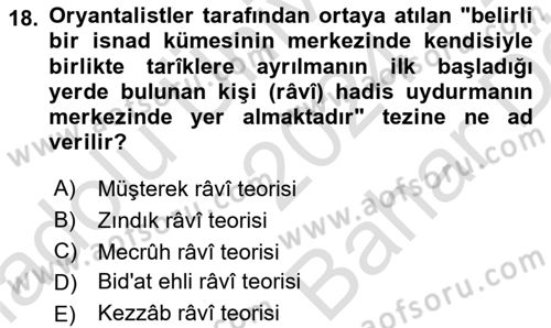 Hadis Tarihi ve Usulü Dersi 2024 - 2025 Yılı (Vize) Ara Sınav Soruları 18. Soru