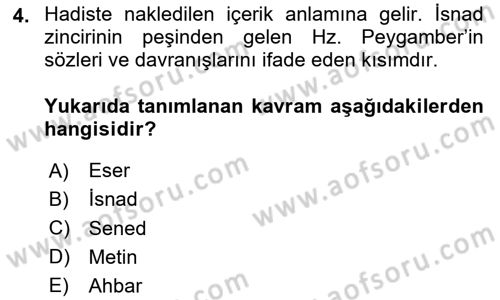 Hadis Tarihi ve Usulü Dersi 2024 - 2025 Yılı (Vize) Ara Sınav Soruları 4. Soru