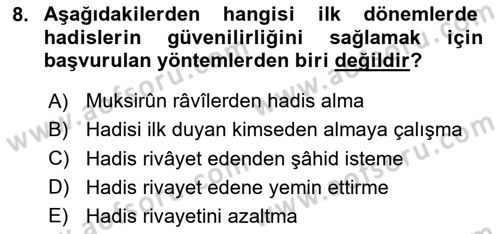 Hadis Tarihi ve Usulü Dersi 2024 - 2025 Yılı (Vize) Ara Sınav Soruları 8. Soru