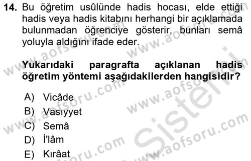 Hadis Tarihi ve Usulü Dersi 2024 - 2025 Yılı (Final) Dönem Sonu Sınav Soruları 14. Soru