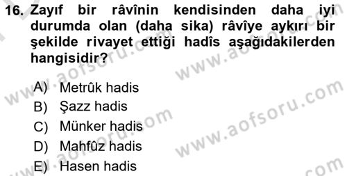 Hadis Tarihi ve Usulü Dersi 2024 - 2025 Yılı (Final) Dönem Sonu Sınav Soruları 16. Soru