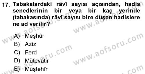 Hadis Tarihi ve Usulü Dersi 2024 - 2025 Yılı (Final) Dönem Sonu Sınav Soruları 17. Soru