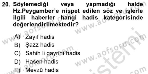 Hadis Tarihi ve Usulü Dersi 2024 - 2025 Yılı (Final) Dönem Sonu Sınav Soruları 20. Soru