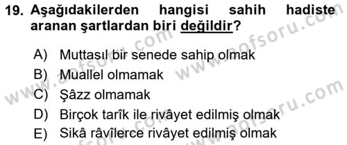 Hadis Tarihi ve Usulü Dersi 2024 - 2025 Yılı Yaz Okulu Sınav Soruları 19. Soru