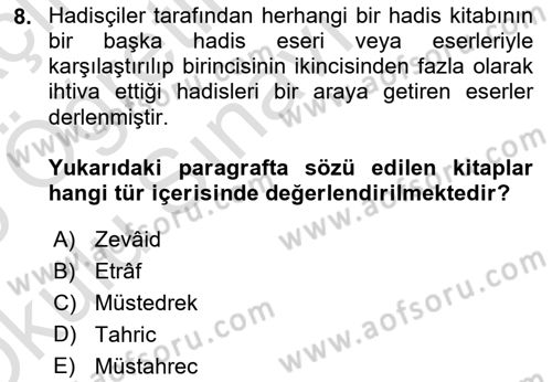 Hadis Tarihi ve Usulü Dersi 2024 - 2025 Yılı Yaz Okulu Sınav Soruları 8. Soru