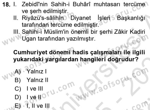 Hadis Tarihi ve Usulü Dersi 2025 - 2026 Yılı (Vize) Ara Sınav Soruları 18. Soru