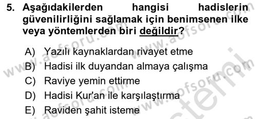 Hadis Tarihi ve Usulü Dersi 2025 - 2026 Yılı (Vize) Ara Sınav Soruları 5. Soru