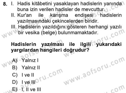 Hadis Tarihi ve Usulü Dersi 2025 - 2026 Yılı (Vize) Ara Sınav Soruları 8. Soru
