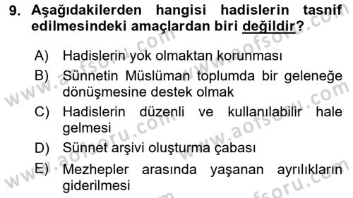 Hadis Tarihi ve Usulü Dersi 2025 - 2026 Yılı (Vize) Ara Sınav Soruları 9. Soru