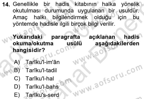 Hadis Tarihi ve Usulü Dersi 2025 - 2026 Yılı (Final) Dönem Sonu Sınav Soruları 14. Soru