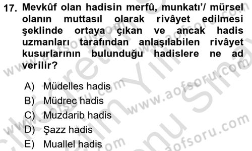 Hadis Tarihi ve Usulü Dersi 2025 - 2026 Yılı (Final) Dönem Sonu Sınav Soruları 17. Soru