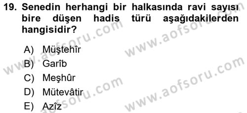 Hadis Tarihi ve Usulü Dersi 2025 - 2026 Yılı (Final) Dönem Sonu Sınav Soruları 19. Soru