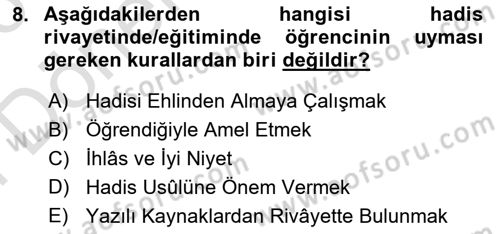 Hadis Tarihi ve Usulü Dersi 2025 - 2026 Yılı (Final) Dönem Sonu Sınav Soruları 8. Soru