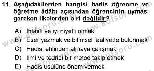 Hadis Tarihi ve Usulü Dersi 2025 - 2026 Yılı Yaz Okulu Sınav Soruları 11. Soru