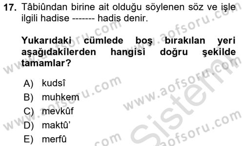 Hadis Tarihi ve Usulü Dersi 2025 - 2026 Yılı Yaz Okulu Sınav Soruları 17. Soru