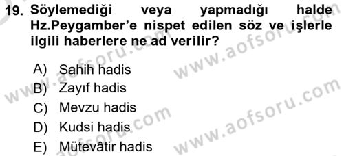 Hadis Tarihi ve Usulü Dersi 2025 - 2026 Yılı Yaz Okulu Sınav Soruları 19. Soru