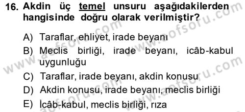 İslam Hukukuna Giriş Dersi 2014 - 2015 Yılı Tek Ders Sınav Soruları 16. Soru