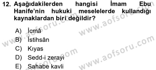 İslam Hukukuna Giriş Dersi 2015 - 2016 Yılı (Vize) Ara Sınav Soruları 12. Soru