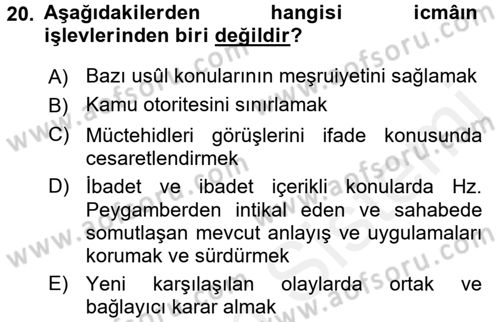 İslam Hukukuna Giriş Dersi 2015 - 2016 Yılı (Vize) Ara Sınavı 20. Soru