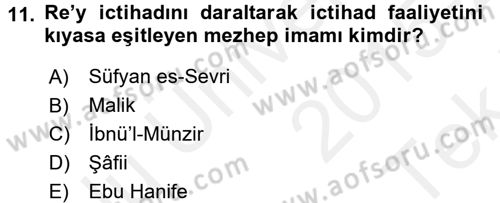 İslam Hukukuna Giriş Dersi 2015 - 2016 Yılı Tek Ders Sınavı 11. Soru