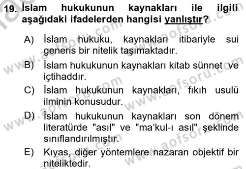 İslam Hukukuna Giriş Dersi 2016 - 2017 Yılı (Vize) Ara Sınav Soruları 19. Soru
