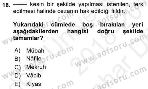 İslam Hukukuna Giriş Dersi 2018 - 2019 Yılı (Vize) Ara Sınavı 18. Soru