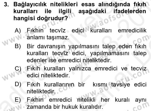 İslam Hukukuna Giriş Dersi 2018 - 2019 Yılı (Vize) Ara Sınav Soruları 3. Soru